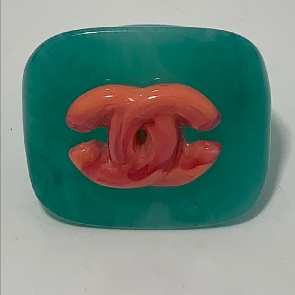 CHANEL 2002 Acrylic Pink CC Logo Green Ring Size:6